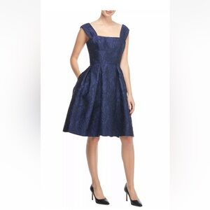 Gal Meets‎ Glam Annabelle Navy Blue Square Neck Satin Jacquard Dress size 8
